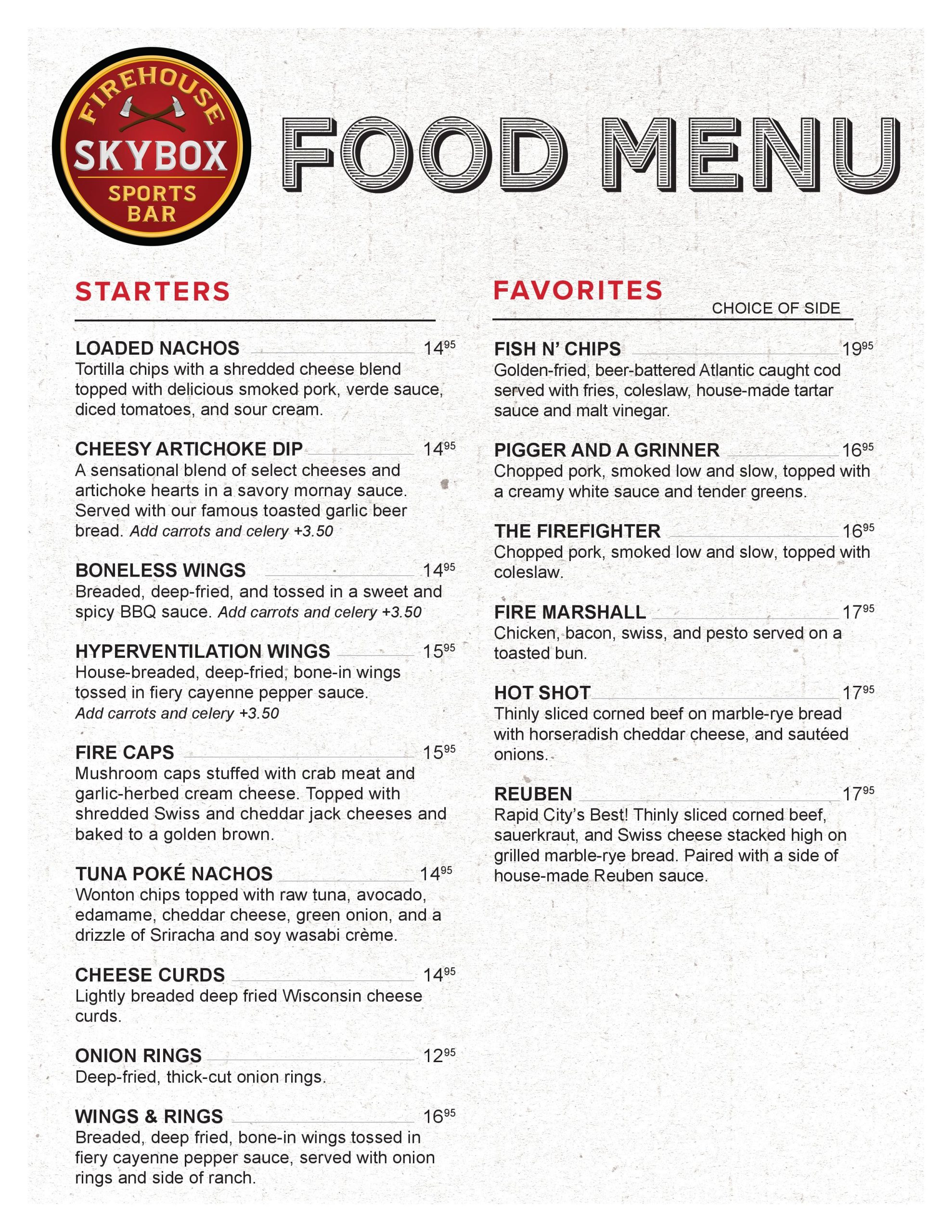 Firehouse Skybox Food Menu - Starters and Favorites
